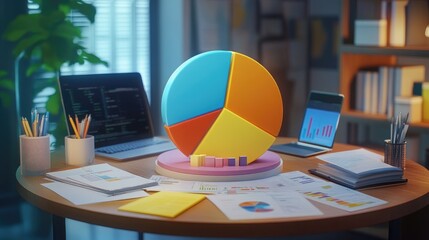 Poster - Colorful Pie Chart on Desk with Laptop and Reports