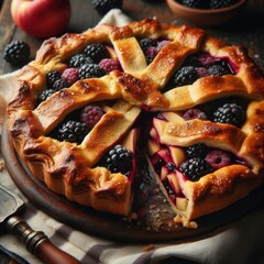 Warm blackberry and apple pie with top crust peeled off, revealing juicy fruit