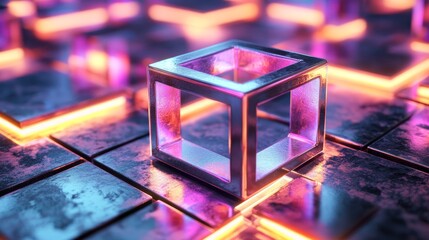 Concentric squares in polished platinum, sleek and symmetrical, with a futuristic neon glow, metallic textures, and deep shadows, 3D rendering, modern design