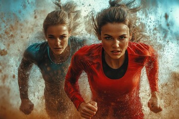 Two athletes sprinting in a muddy environment during a competitive outdoor race at dawn