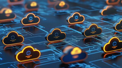 Leinwandbilder - Cloud computing network with glowing cloud icons on a circuit board