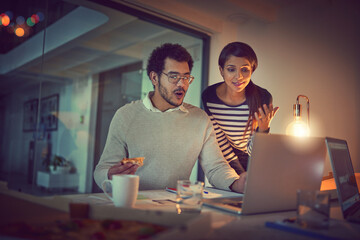 Aufkleber - Night, teamwork or designers planning in meeting for review, feedback or brainstorming in office. Late, laptop or creative business people on technology for overtime deadline or startup development