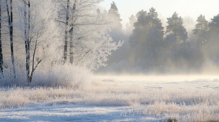 Poster - Frost-covered trees stand still in the early morning light, while mist gently rises from the ground, creating a peaceful winter landscape. The beauty of the scene evokes calmness and serenity.