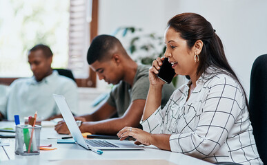 Fototapete - Creative woman, laptop and phone call in office meeting for startup, artist or small business agency. Designer, discussion and art director happy for project proposal, planning or entrepreneur goals