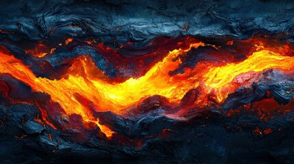 A vivid representation of molten lava flowing through dark, rocky terrain. The colors blend beautifully, showcasing nature's power and beauty.