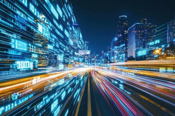 Aufkleber - Cityscape with Digital Data Overlay and Light Trails