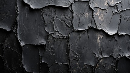 Fototapete - The surface features an intricate design of cracked and peeling black paint that reveals layers beneath, creating a striking visual contrast and depth.