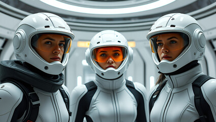 Three people in futuristic white helmets and visors stand in a sterile, futuristic environment.