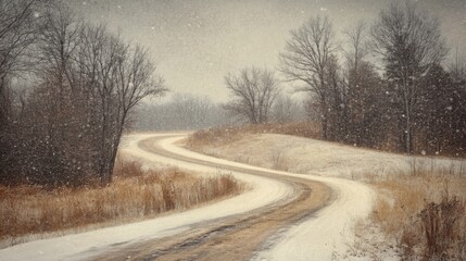 Poster - A narrow, winding road cuts through a serene winter landscape, with snow gently falling and blanketing the ground. Leafless trees stand along the roadside, enhancing the quiet, chilly atmosphere.