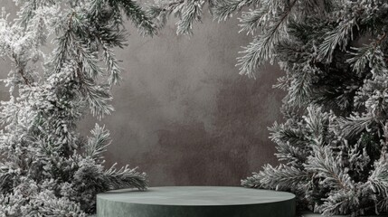 Fototapete - A circular pedestal sits in the center, surrounded by frosty evergreen branches.