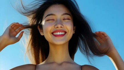 Sticker - Beautiful woman smiling hair blowing in the wind blue sky background.