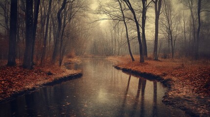 Poster - A tranquil river winds through a forest in autumn, with bare trees reflecting in the still water. The atmosphere is calm, with fallen leaves carpeting the ground under a misty dusk sky.