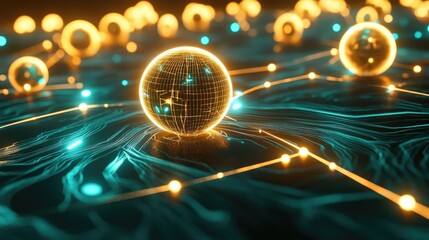 Aufkleber - 3D digital spheres connected by lines, glowing on a tech process background