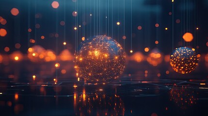 Aufkleber - 3D digital spheres connected by lines, glowing on a tech process background