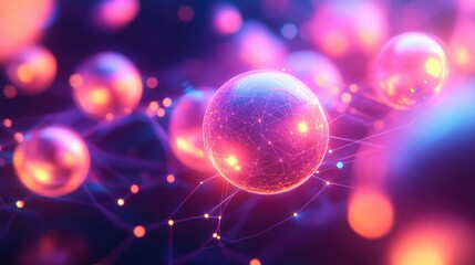 Aufkleber - 3D glowing spheres and digital nodes interconnected by light paths.