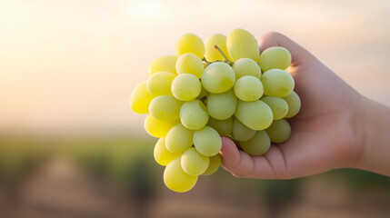 Fresh green grapes held in hand, showcasing their vibrant color and juicy texture against soft, blurred background.