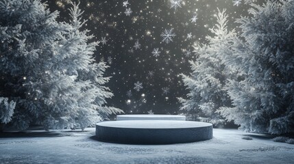 Poster - A serene winter setting features a circular, snow-covered platform surrounded by frosted trees. Gentle snowflakes drift down from a dark sky filled with stars, creating a peaceful atmosphere.