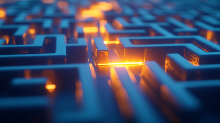 A labyrinth maze with a glowing yellow path on a blue background concept of problem solving. 3D Rendering