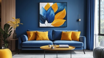 Vibrant blue and yellow leaves in radial pattern on bright white canvas, bold color pops, clean aesthetic, leaf patterns, contemporary wall art