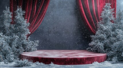 Aufkleber - A beautifully decorated stage captures a winter ambiance with elegant red curtains, soft snowflakes falling, and frosted trees on either side, creating a magical atmosphere for any performance.