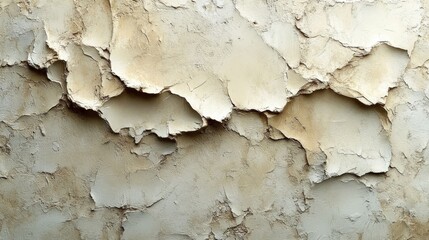 Fototapete - A close-up view of a textured wall shows peeling paint in neutral shades, showcasing layers of history and unique organic patterns. The worn surface adds character and depth.