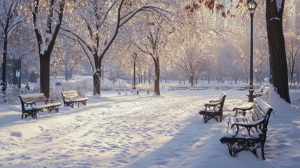 Poster - A snow-covered park scene with multiple park benches. The snow-covered trees line a pathway that leads through the park.