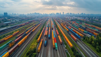 Aufkleber - A sweeping aerial view showcases a freight yard filled with rows of brightly colored shipping containers positioned along extensive railway tracks, highlighting urban logistics operations.
