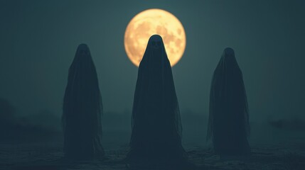 A mysterious night scene featuring three towering silhouettes against a bright full moon, creating an eerie and mystical atmosphere.