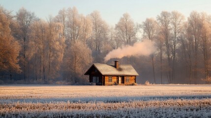 Poster - A charming wooden cabin sits alone in a snow-covered field, with smoke curling from its chimney. Frosty trees blanket the landscape, creating a serene winter atmosphere in the soft morning light.