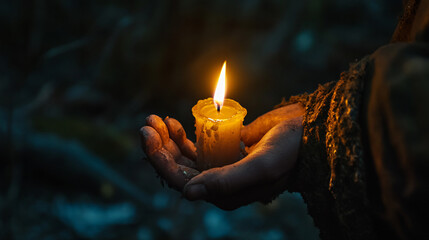 Burning candle in hand