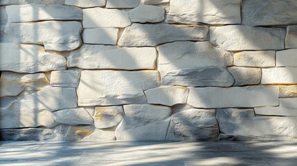 Aufkleber - The interior showcases a beautifully textured stone wall, illuminated by natural light, casting interesting shadows on the floor, creating a serene atmosphere.
