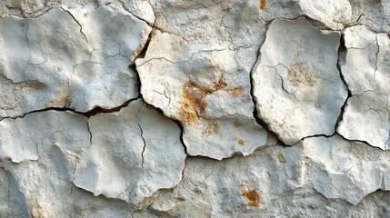 Fototapete - A close-up reveals a weathered wall with distinct cracks and peeling layers, showcasing natural wear over time under bright daylight.