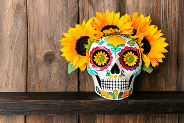 dark wooden shelf featuring a vibrant sugar skull adorned with fresh sunflowers in eye sockets