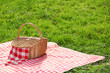 © New Africa - One picnic wicker basket with checkered napkin and blanket on green grass. Space for text