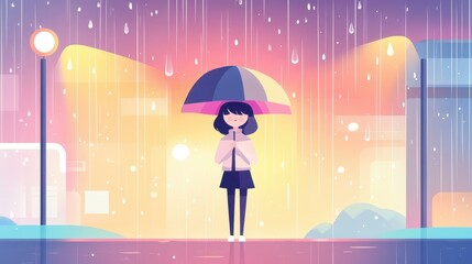 Canvas Print - Colorful cartoon art features a cheerful character embracing the rain, with a playful flat design and vibrant hues.