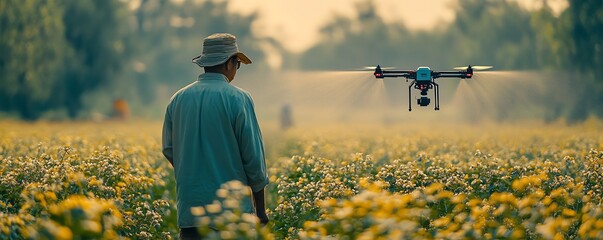 Aufkleber - An Indian farmer watching as a drone sprays fertilizer over crops, capturing the future of farming through precision agriculture techniques