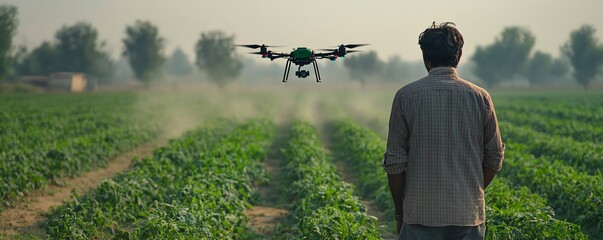 Poster - An Indian farmer watching as a drone sprays fertilizer over crops, capturing the future of farming through precision agriculture techniques
