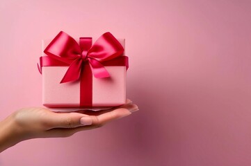 top view photo of hand holding pink giftbox with red satin ribbon bow  on isolated pink background with empty space. Valentine's Day gift concept	
