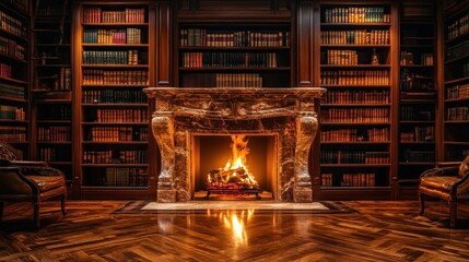 A cozy library with a fireplace and two leather chairs.