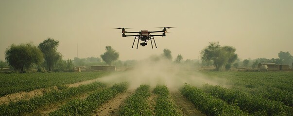 Poster - A drone flying over a fertile Indian farm field, spraying fertilizer as the farmer watches, symbolizing the integration of technology in agriculture