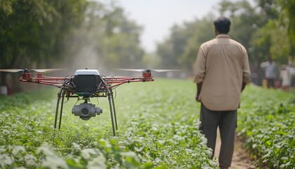 Aufkleber - A drone spraying fertilizer in a lush green field, with an Indian farmer standing in the background, highlighting innovation in agriculture