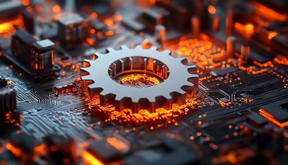 Aufkleber - Abstract representation of a 3D white paper gear wheel on a circuit board, illustrating the future of technology and engineering advancements in a vibrant design