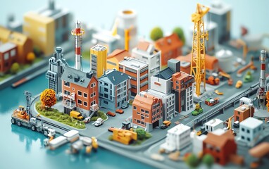 Poster - Creative 3D isometric projections of an industrial scene, including dimensional houses, buildings, cranes, and cars for designers and architects