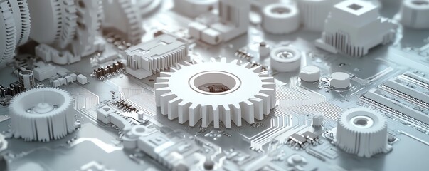 Aufkleber - Creative abstract design with a 3D white paper gear wheel overlaying a circuit board, representing cuttingedge engineering and technology evolution