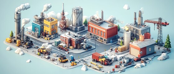 Aufkleber - Dynamic industrial set of 3D isometric projections showcasing houses, cranes, and vehicles, perfect for designers looking to enhance their visuals