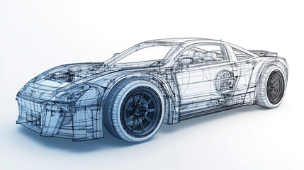 Car blueprint line draft on white background, 3D rendered illustration