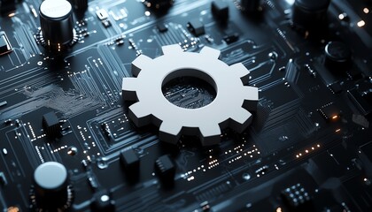 Aufkleber - Futuristic vector design featuring a 3D white paper gear wheel integrated with a circuit board background, representing technological innovation