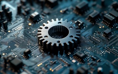 Aufkleber - Futuristic vector illustration of a 3D paper gear wheel on a circuit board, symbolizing the intersection of engineering and technological progress