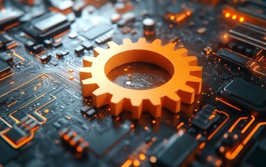 Aufkleber - Futuristic vector illustration of a 3D paper gear wheel on a circuit board, symbolizing the intersection of engineering and technological progress