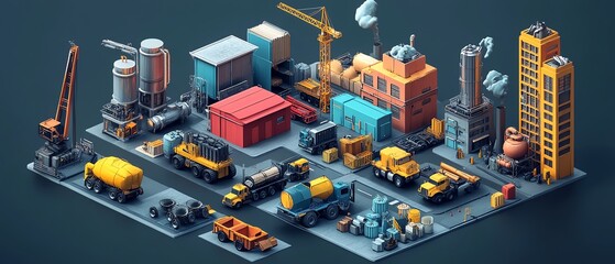 Poster - Industrialthemed 3D isometric projections featuring various buildings, cranes, and vehicles, ideal for creative designers and visual presentations